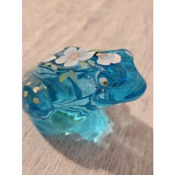 VINTAGE FENTON FROG BLUE GLASS HAND PAINTED FLOWERS Artist Signed D. Wright - Picture 7 of 10